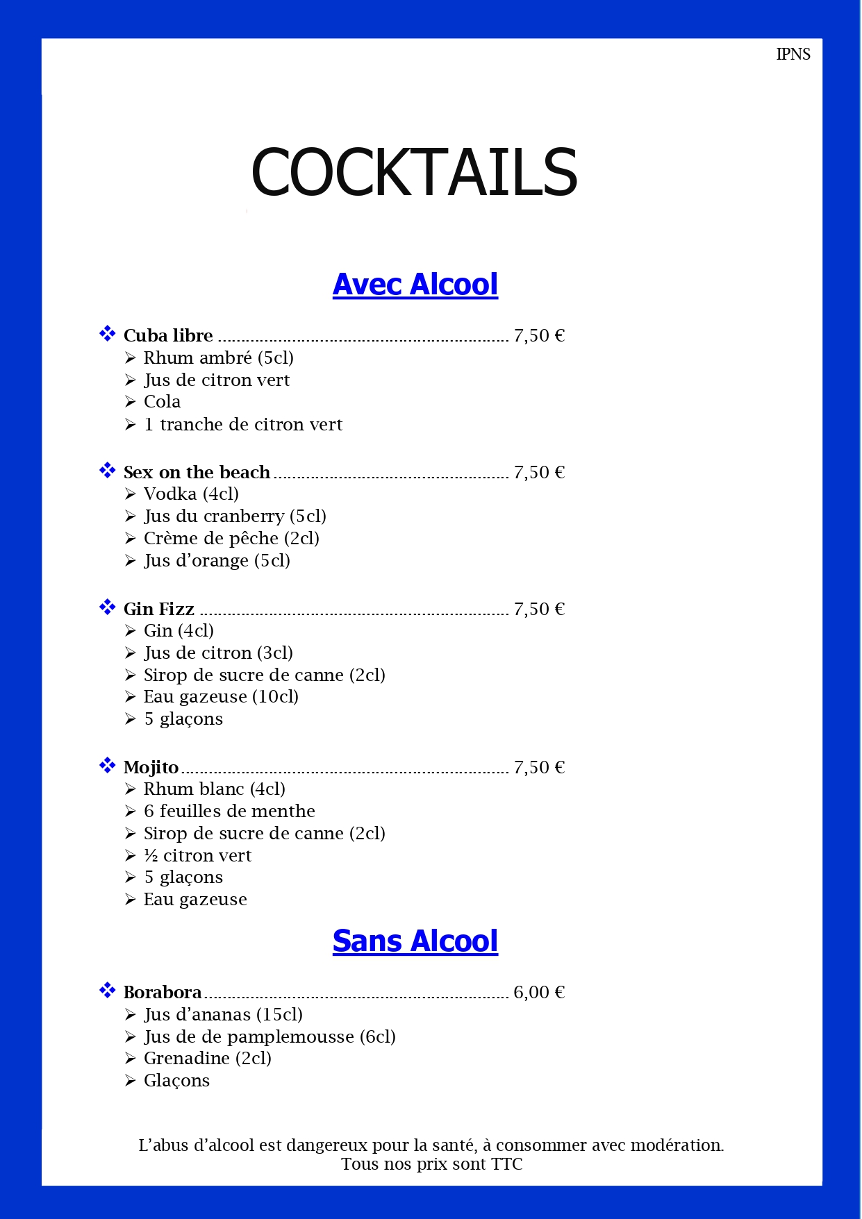 Carte cocktails